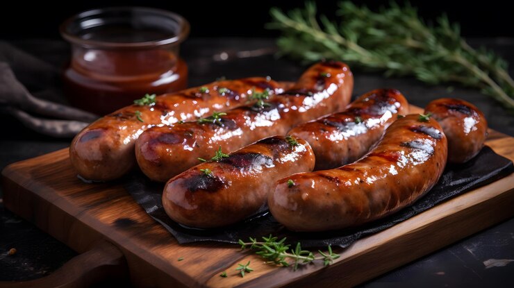 Una mesa con salchichas encima