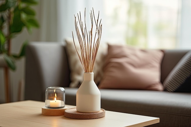 Mesa en salón con ambientador y velas Espacio para texto