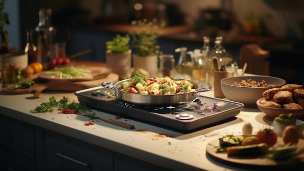 Mesa con sartén de comida y platos