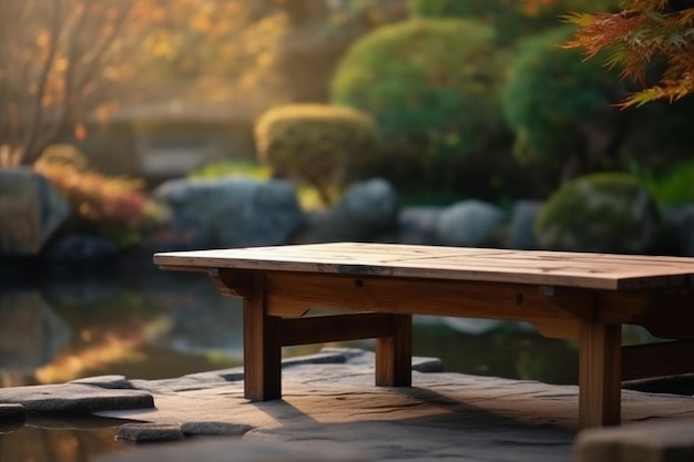 Mesa en sereno jardín japonés