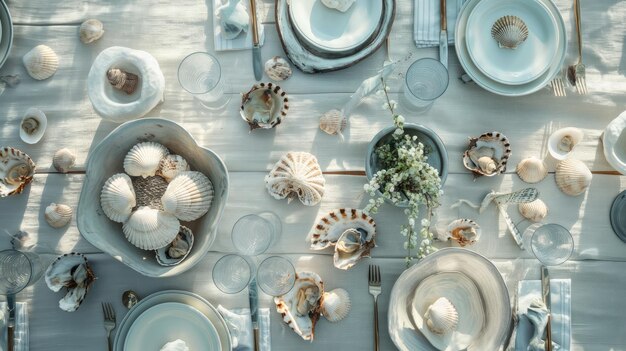 una mesa de servicio adornada con decoraciones de temática náutica que evocan el encanto del mar en cada detalle