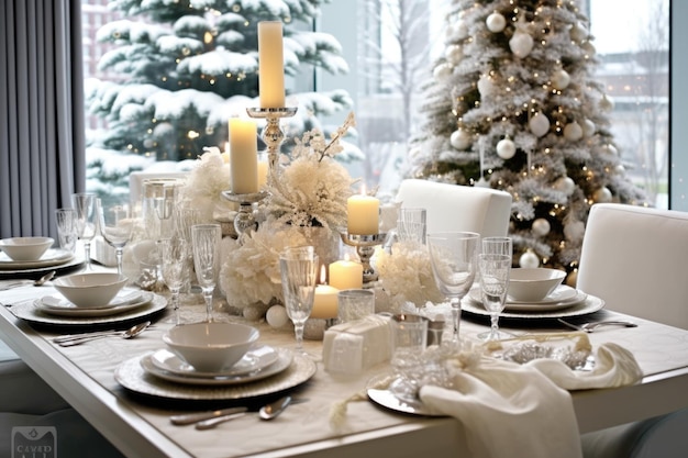 Mesa servida para la cena de Navidad con velas encendidas y vajilla AI generada