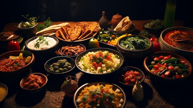 mesa servida com pratos tradicionais do Oriente Médio