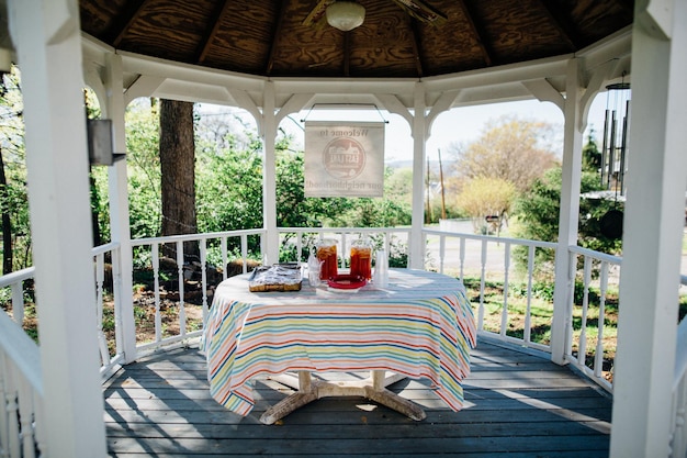 Foto mesa servida no quintal no jardim