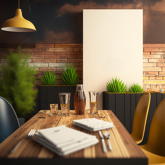 una mesa con una silla y un cartel que dice "el nombre del restaurante"