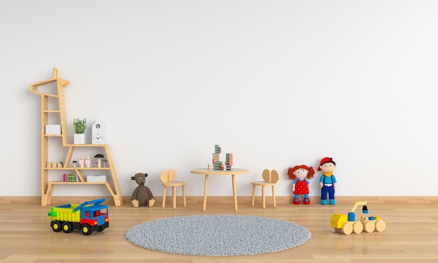 Mesa y silla en habitación infantil blanca.