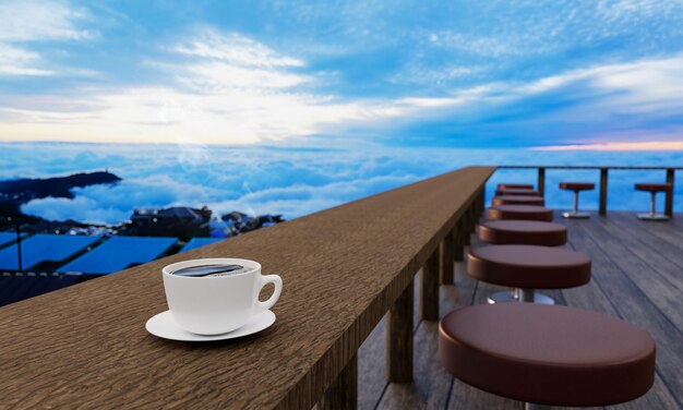 Foto mesa y silla de madera con café negro en la terraza o balcón paisaje de montaña por la mañana con luz solar y mar de niebla en phu tub berk tailandia renderización 3d