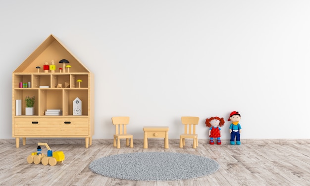 Mesa y silla de madera en habitación infantil blanca para maqueta