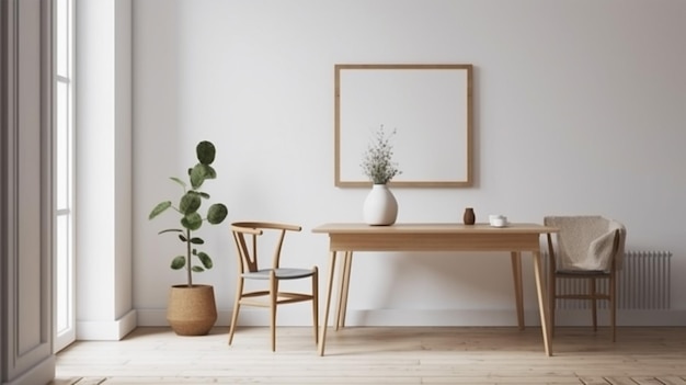 Una mesa y una silla de madera en una habitación con un marco en la pared.