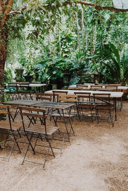 Mesa y silla de madera vacía en el jardín