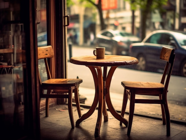 Una mesa y sillas están frente a una ventana que dice "café".