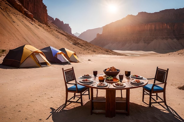 Una mesa con sillas y una fogata en el desierto.