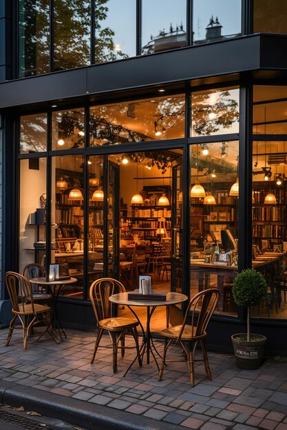 Una mesa y sillas fuera de una librería