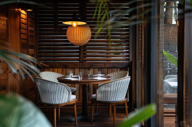 Una mesa y sillas en una habitación con pizarras de madera