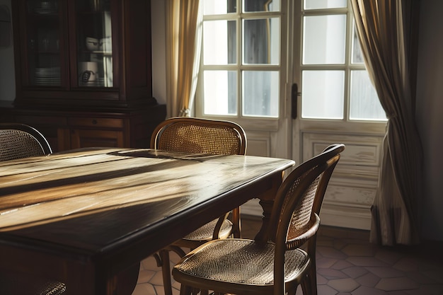 Foto mesa y sillas de madera en un café con una ventana en el fondo