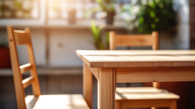 Foto mesa y sillas de madera de cocina en un fondo borroso mesa y sallas de madera vacías en la cocina