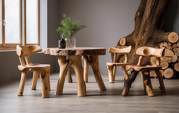 mesa y sillas de madera originales en una casa de madera
