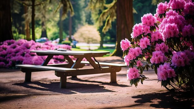 Mesa y sillas de madera en el parque con flores de rododendro rosas