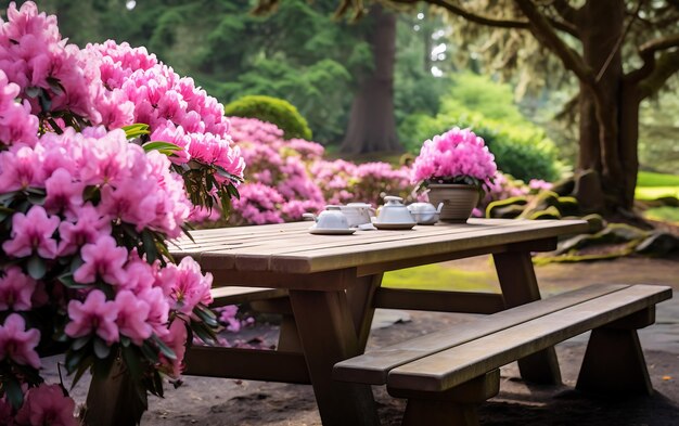 Mesa y sillas de madera en el parque con flores de rododendro rosas