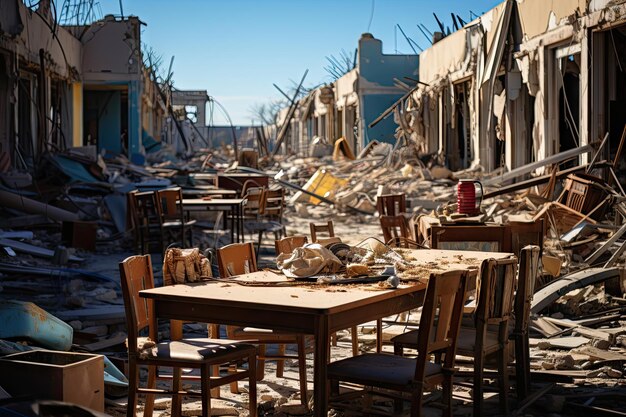 una mesa y sillas en el medio de un edificio destruido con escombros por todos los lados en un día de cielo azul claro