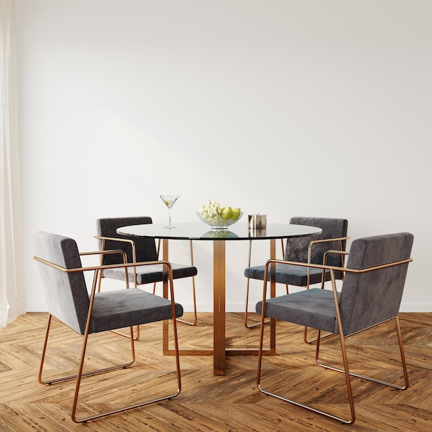 una mesa con sillas y una mesa con un vaso de vino y una cortina blanca