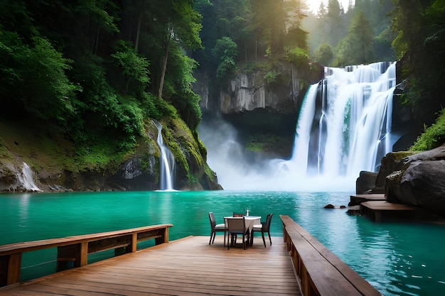 una mesa y sillas en una plataforma de madera al lado de una cascada.