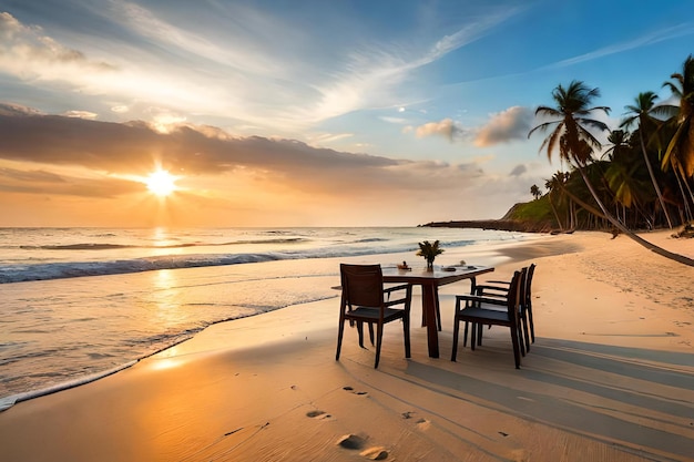 Una mesa y sillas en la playa al atardecer.