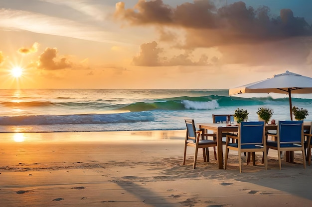 Una mesa y sillas en la playa al atardecer.