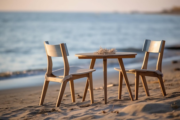 Mesa y sillas en la playa con el mar de fondo