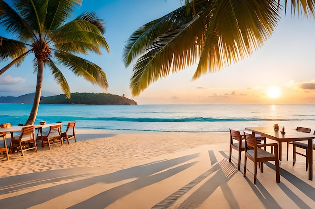 Una mesa y sillas en una playa con palmeras al fondo