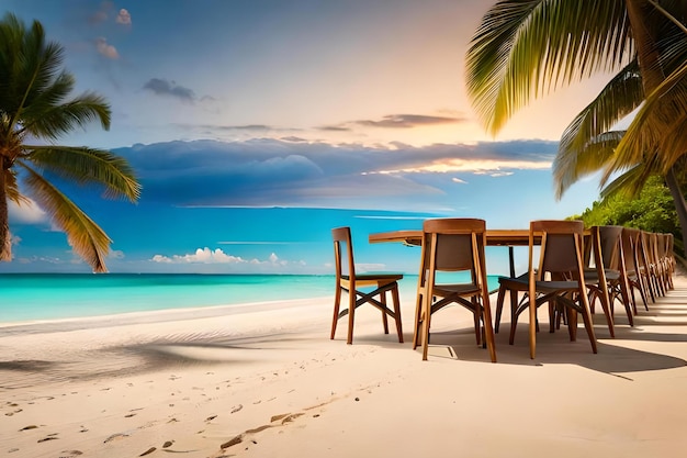 Una mesa y sillas en una playa con palmeras al fondo