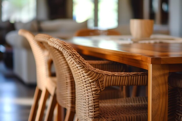 Mesa y sillas de ratán de mimbre en una cafetería