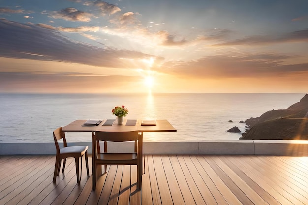 Una mesa y sillas en una terraza con vista al mar