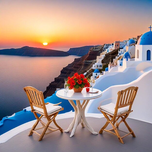 Foto una mesa y sillas con vistas al océano y la puesta del sol