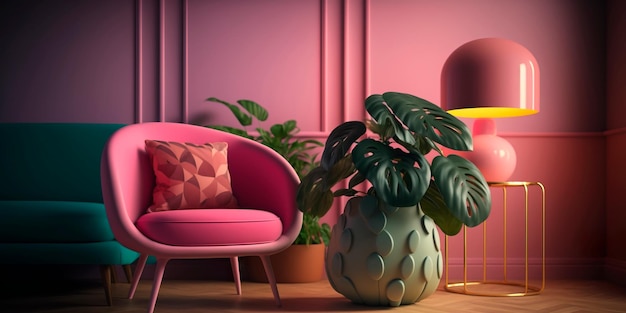 Mesa y sillón de madera en el interior de la sala de estar en colores pastel con plantas IA generativa