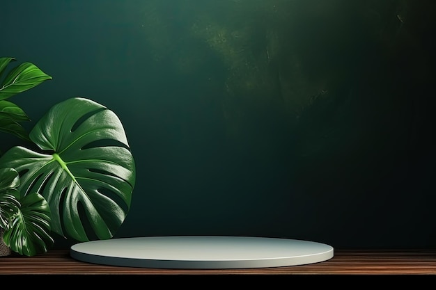 Mesa sobre fondo de pared verde con sombra de hoja de monstera y reflejos de luz maqueta para presentación