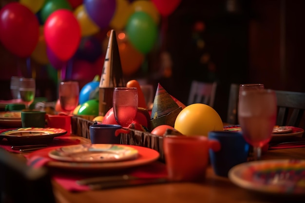 Una mesa con un sombrero de fiesta y globos