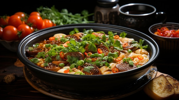 En la mesa con la sopa tradicional china sopa caliente y agria