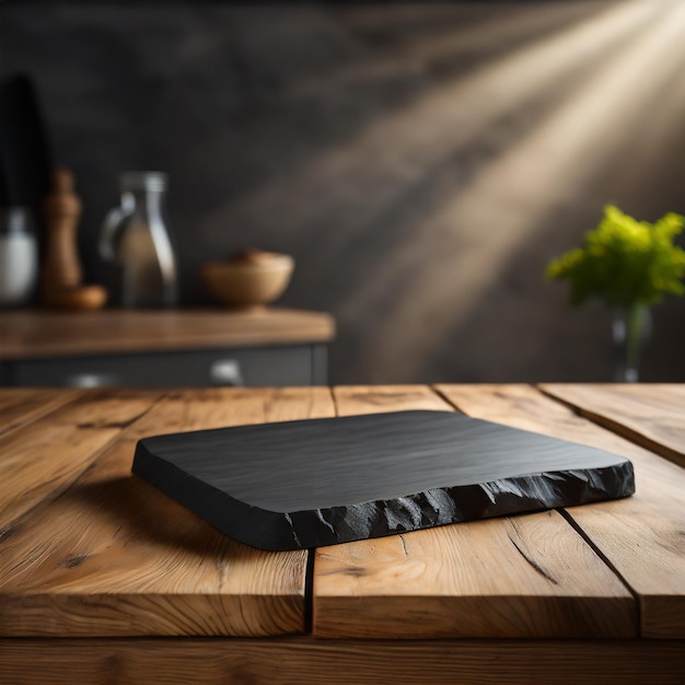 Foto mesa de superficie de madera con tabla de corte de piedra negra