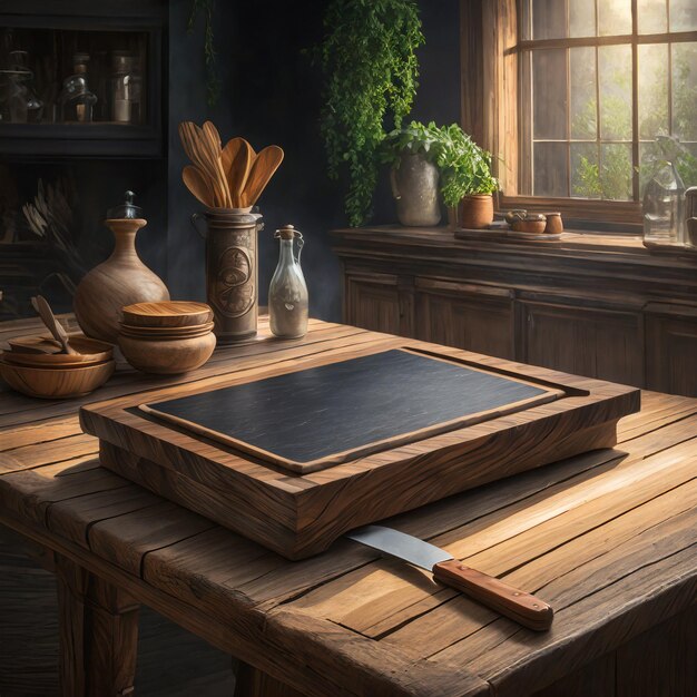 Foto mesa de superficie de madera con tabla de corte de piedra negra