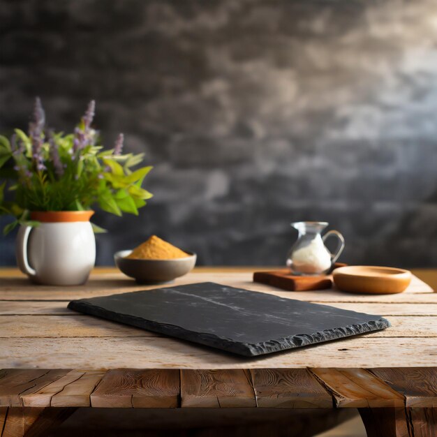 Mesa de superficie de madera con tabla de corte de piedra negra