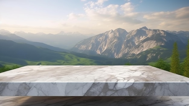 Mesa de superficie de mármol con establecimiento de montaña fría para mostrar cosas, aparecer y maqueta. Recurso creativo Generado por IA.