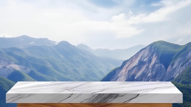 Mesa de superficie de mármol con establecimiento de montaña fría para mostrar cosas, aparecer y maqueta. Recurso creativo Generado por IA.