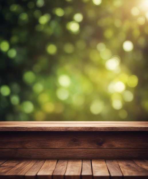 Foto mesa superior con fondo de bokeh natural borroso mesa de madera generada por ia