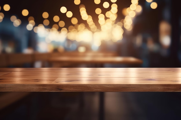 Mesa superior de madera con efecto de luz bokeh y restaurante borroso AI