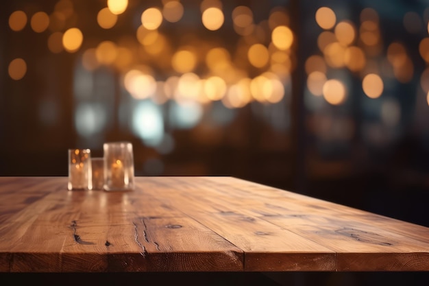 Mesa superior de madera con efecto de luz bokeh y restaurante borroso AI