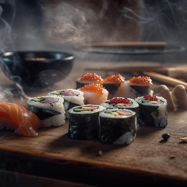 Una mesa con sushi y un cuenco de humo.