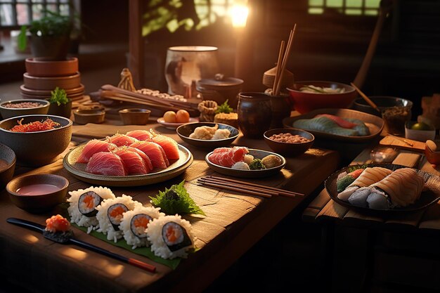 una mesa de sushi horneado haciendo ingredientes cocina tradicional