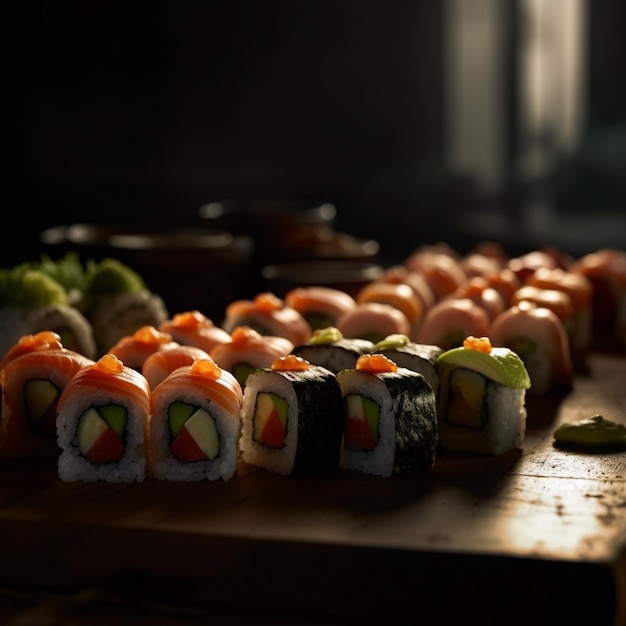 Una mesa de sushi con un montón de colores diferentes.