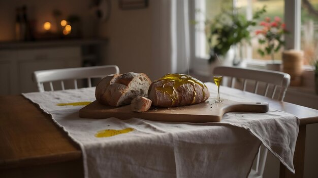 Foto mesa con tabla de cortar y pan con aceite